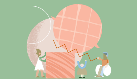 A combination of shapes and squiggles shows a speech bubble just tipping of the end of a block. Three people are pushing and pulling various shapes to contribute to the shift.