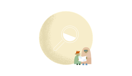 A magnifying glass on a circle with a mother reading to a child next to it